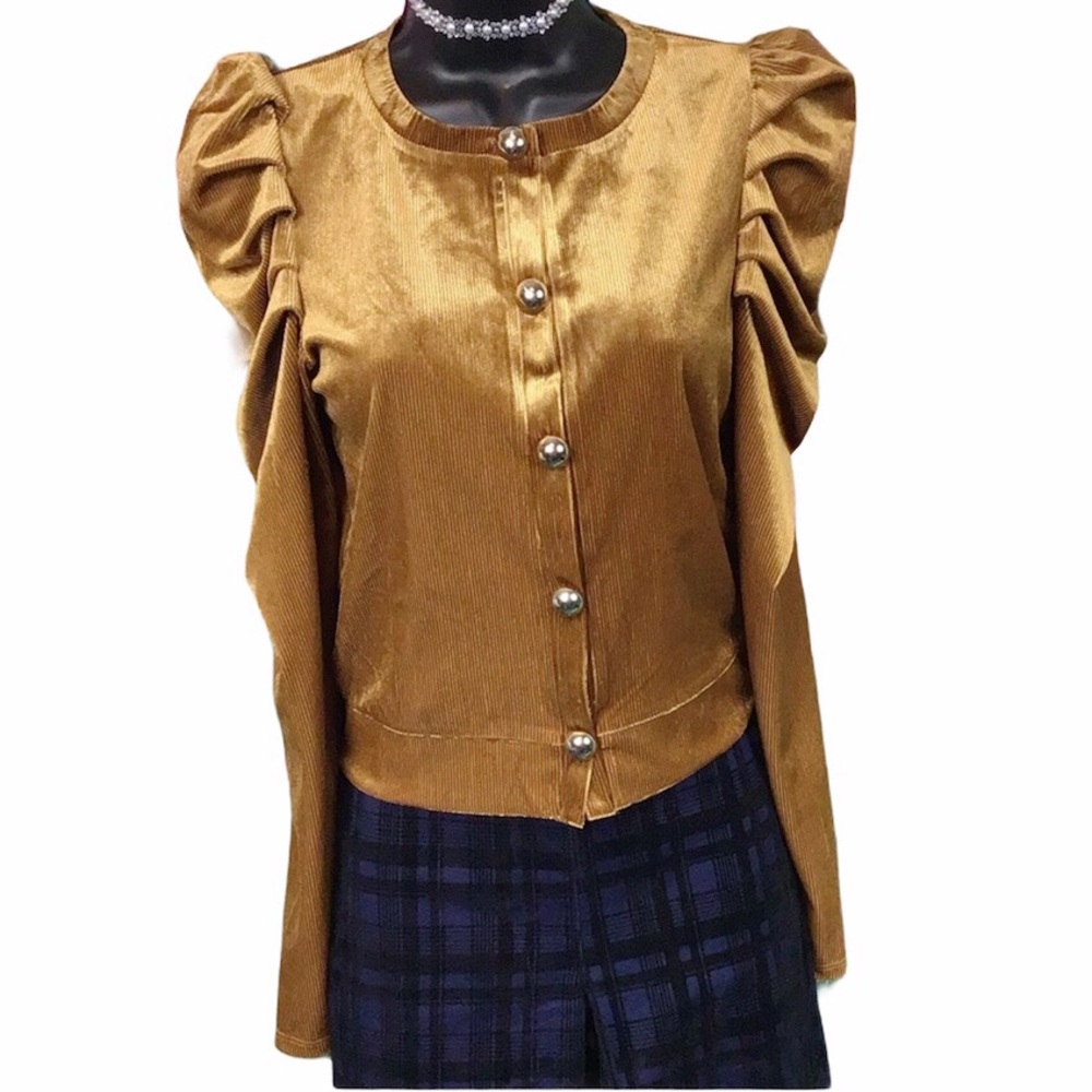 Triple seven pleated velvet button down top